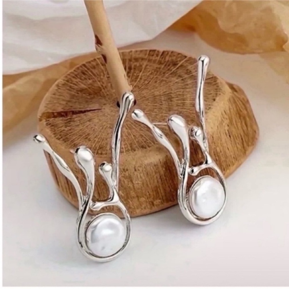 Silver Pearl Drop Contemporary Women’s Earrings - Picture 3 of 5